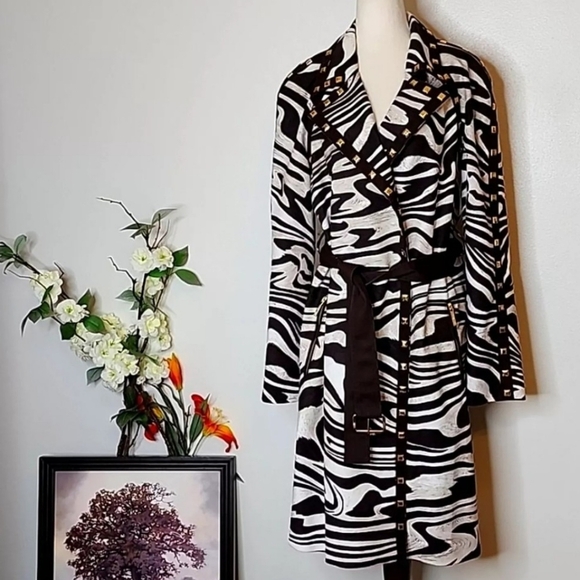 Michael Michael Kors Trench Coat Chocolate Zebra Stud Belt Midi Fall Designer - Picture 1 of 16